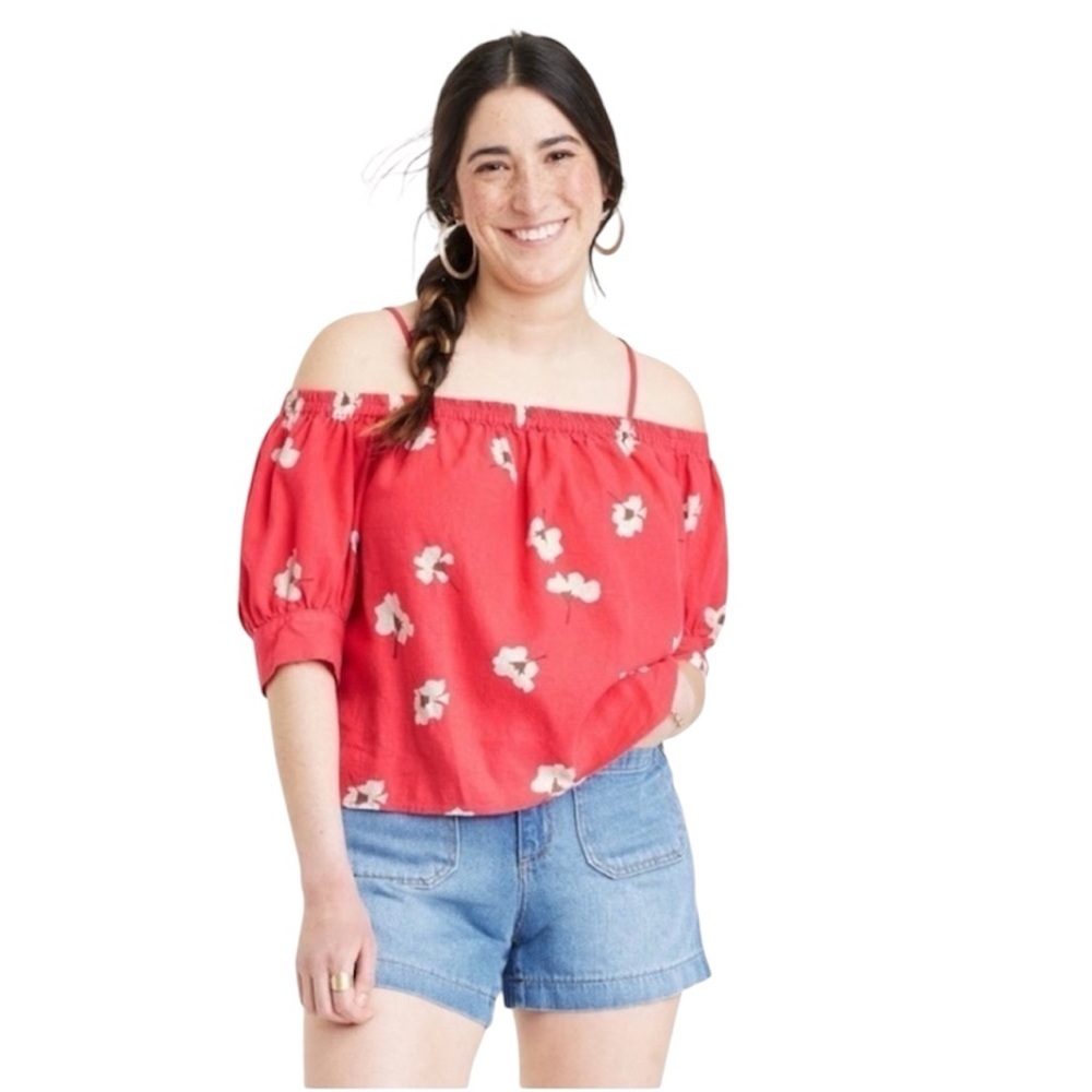2/$30 - Universal Thread - Reddish Floral Off-Shoulder Linen Blend Blouse Size L